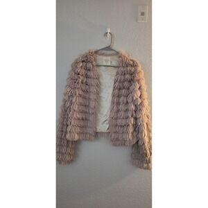 Fantastic Fawn Jacket Womens Medium Beige Fringe Tassel Open Front Boho Party